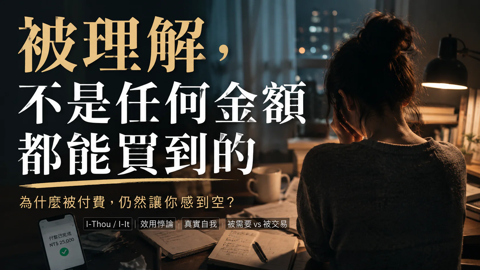 一位創作者在收到付款通知後仍感到空,象徵被購買與被理解之間的落差