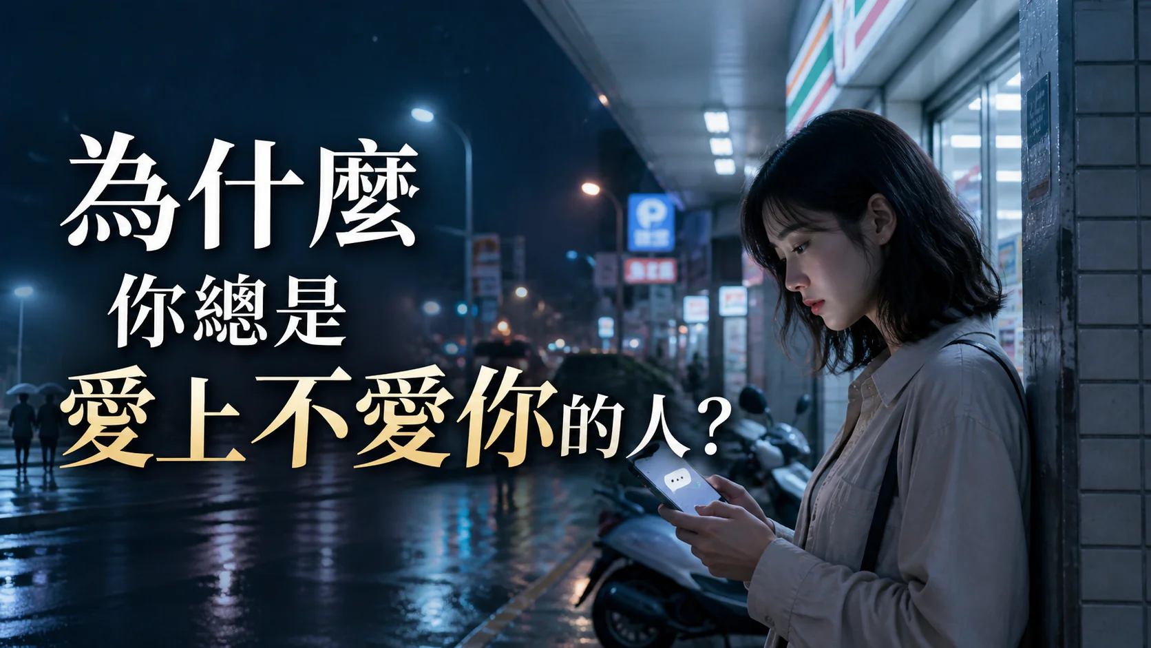 一名女性在台灣夜晚街邊看著手機訊息，呈現愛上不回應自己的人所引發的慾望與缺乏感