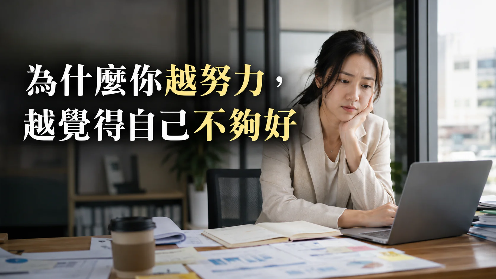 台灣職場中一名努力工作的女性被稱讚卻露出不安表情,呈現越努力越覺得自己不夠好的心理狀態