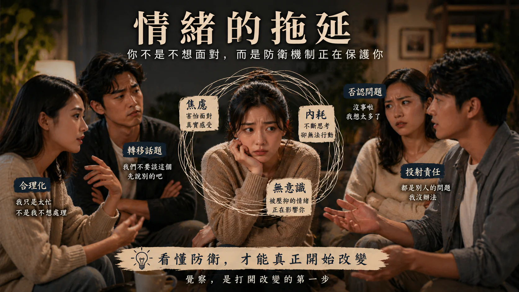 女性在人群中感受身體狀態，象徵從焦慮分析回到身體覺察
