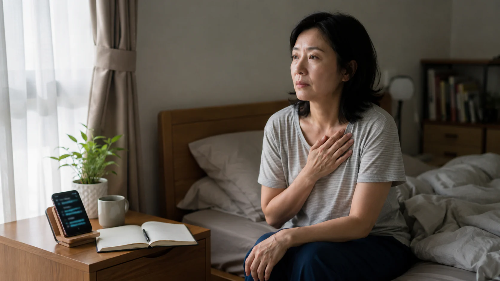 女性清晨坐在床邊，呈現長期情緒壓抑後的身心疲憊