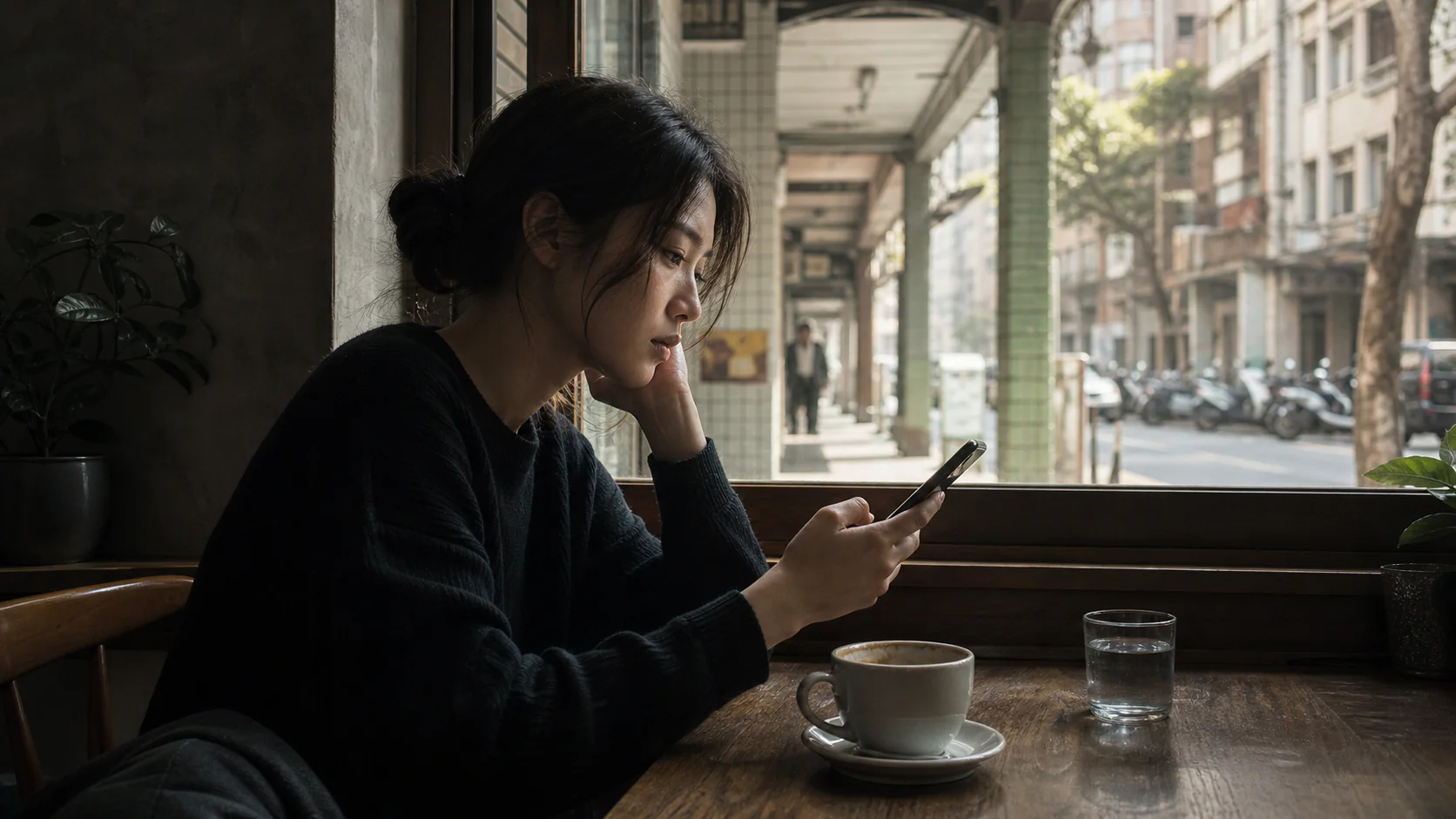 taiwan-cafe-cover.jpg台灣咖啡廳中一個人因喜歡對方而反覆查看手機，呈現情緒扭曲關係判斷的狀態