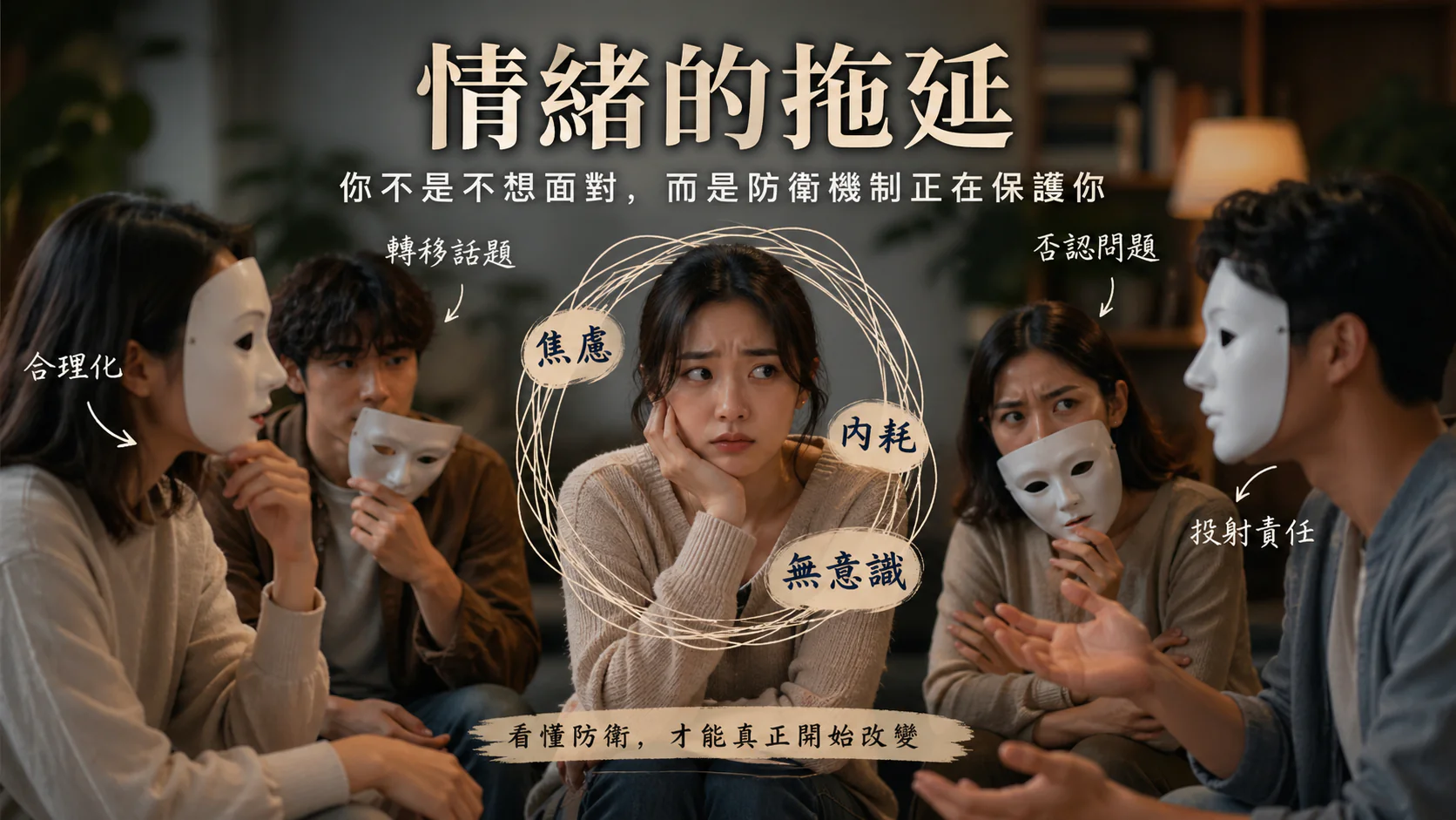 人群對話時防衛機制出現的表情，象徵情緒拖延、焦慮與內在卡住
