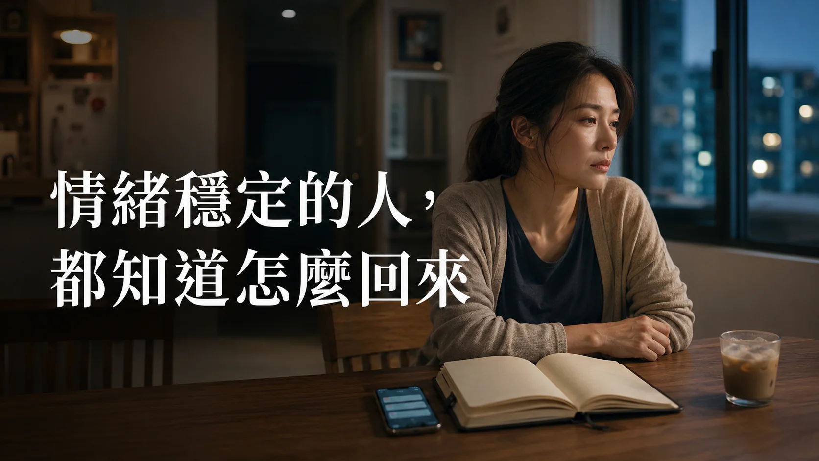 台灣日常餐桌旁的女性在情緒觸發後書寫整理自己,象徵情緒穩定與復位能力