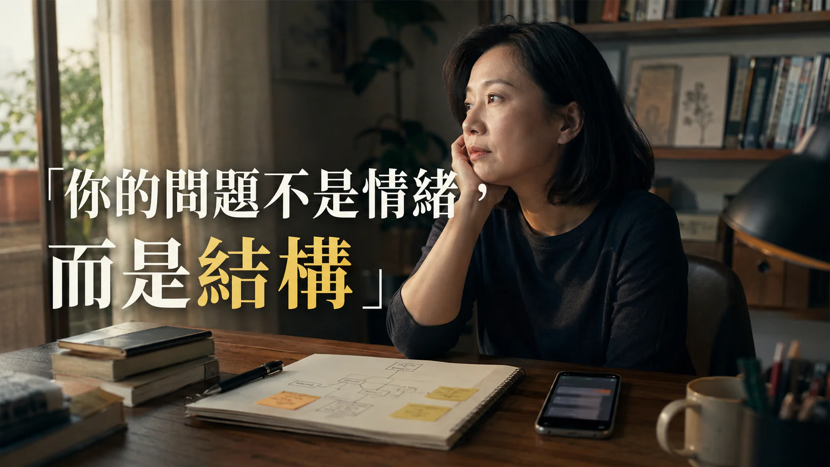 一位台灣中年女性坐在書桌前,看著筆記與手機通知,象徵情緒背後的內在結構正在被看見