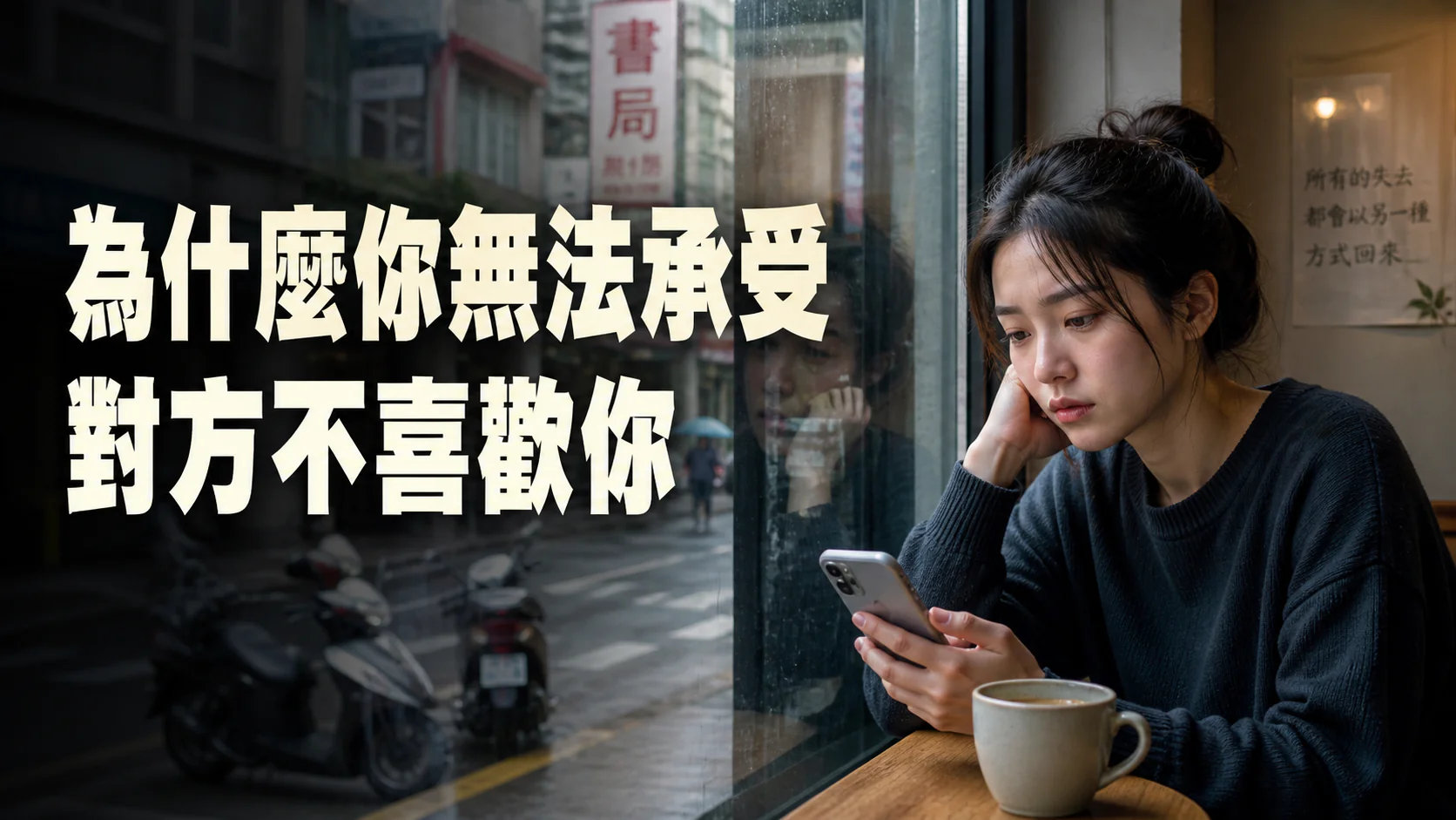 台灣咖啡廳中一人面對曖昧對象冷淡回應，呈現被拒絕後的存在焦慮與他者凝視