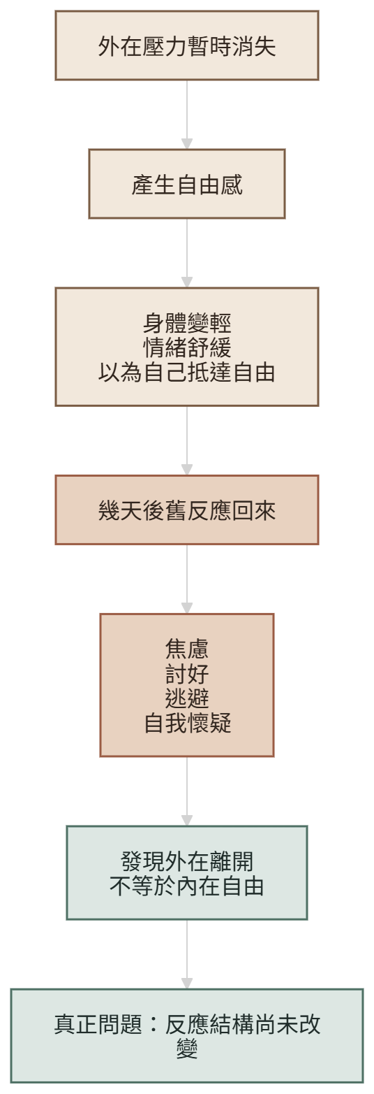 自由感為什麼會消失的結構圖,說明外在離開不等於內在反應模式改變