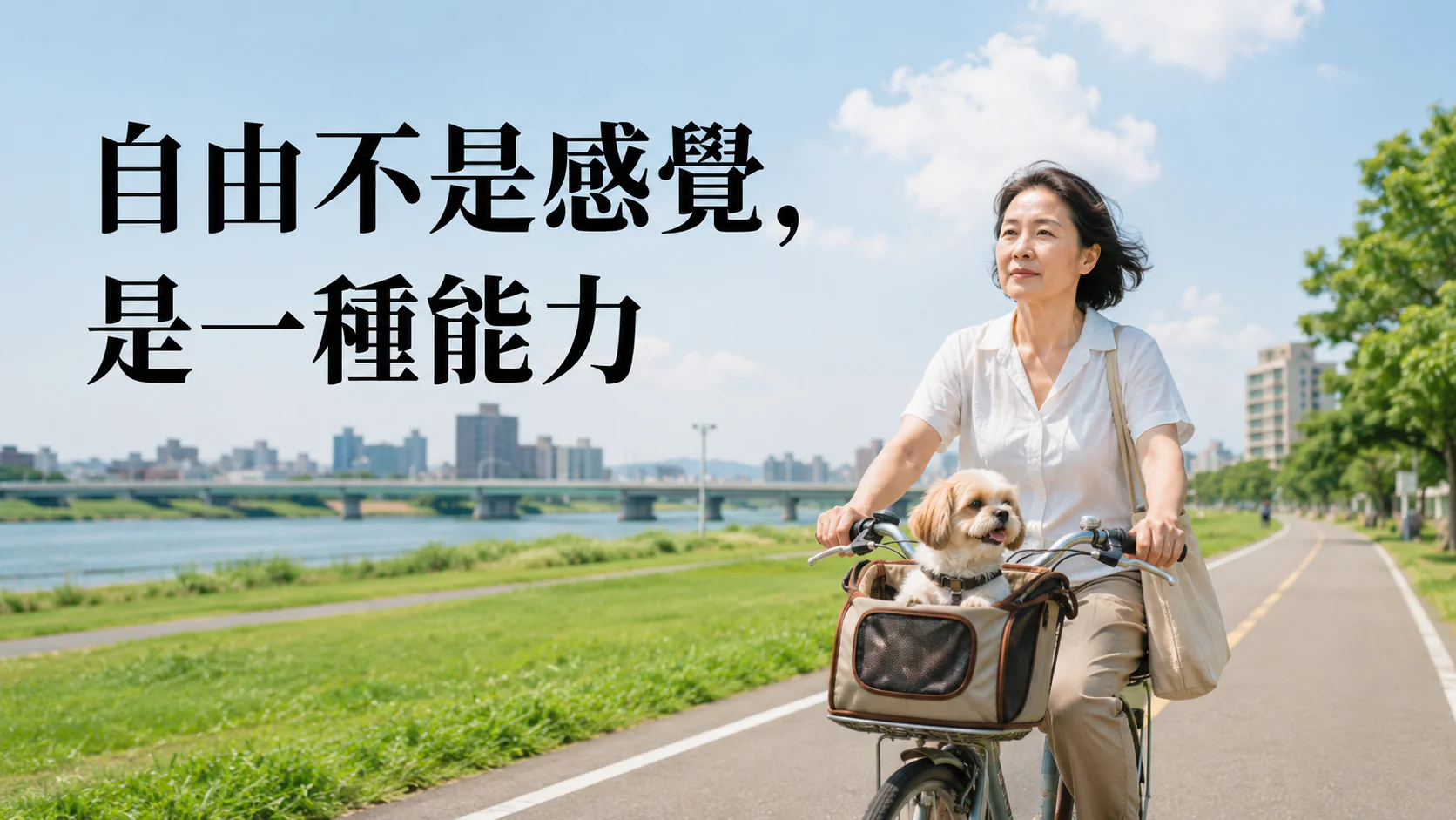 中年女性在夏日下午的台灣河堤公園騎腳踏車,載著寵物犬兜風,象徵自由不是短暫感覺,而是穩定前進的能力