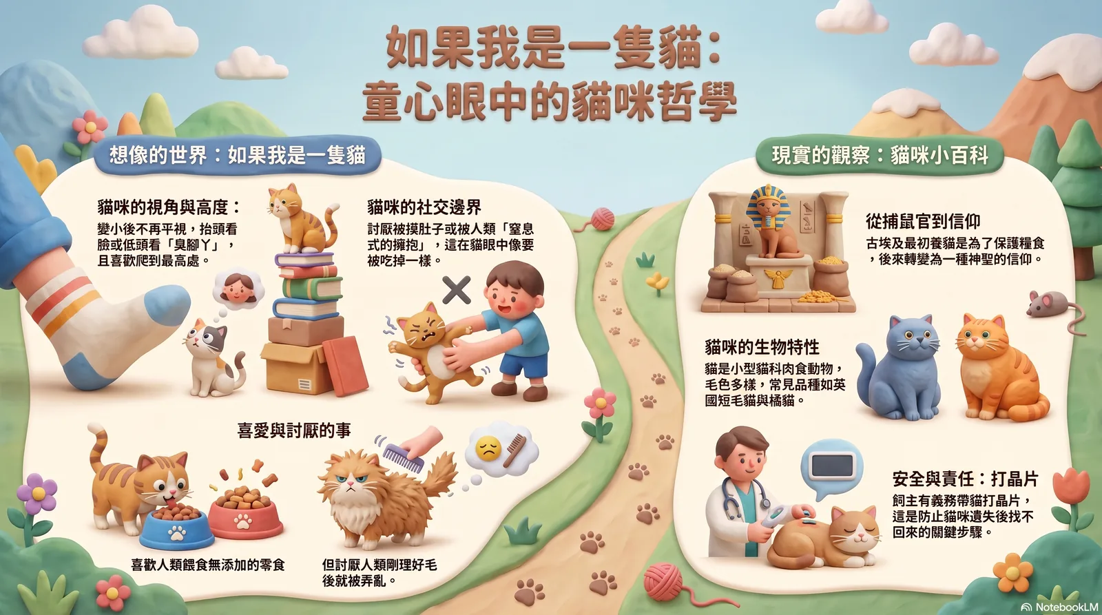 學生課堂發表整理圖:左側「如果我是一隻貓」的換位想像,右側自己查找的貓咪知識,呈現從動物觀察走向人的界線思考