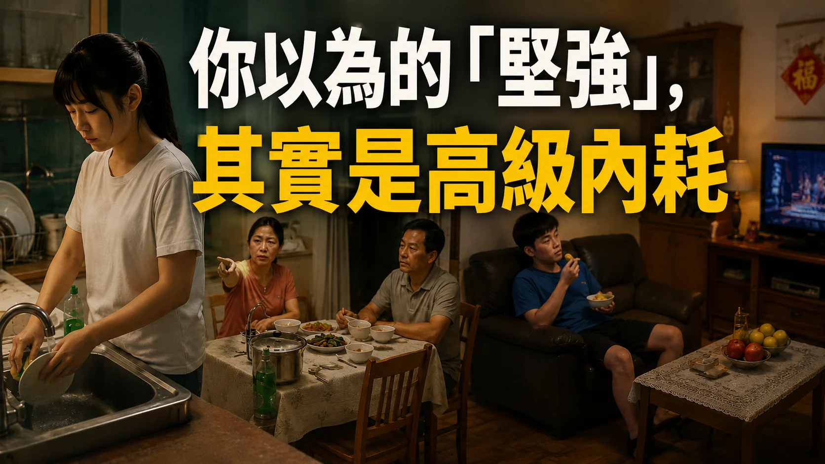 台灣家庭飯後場景中,父母要求女兒洗碗,兒子在客廳吃水果看電視,呈現性別分工與假裝堅強背後的高級內耗。