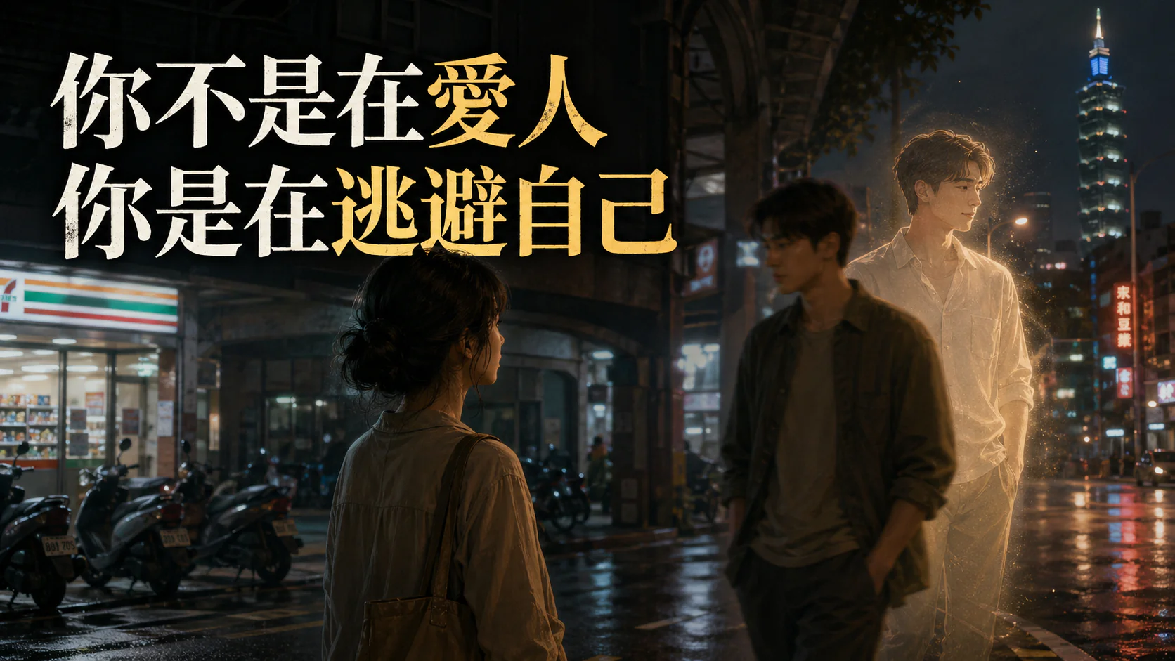 一名女子凝視想像中的理想伴侶投影,身旁真實對象逐漸模糊,象徵愛情中的投射、自我逃避與關係幻滅
