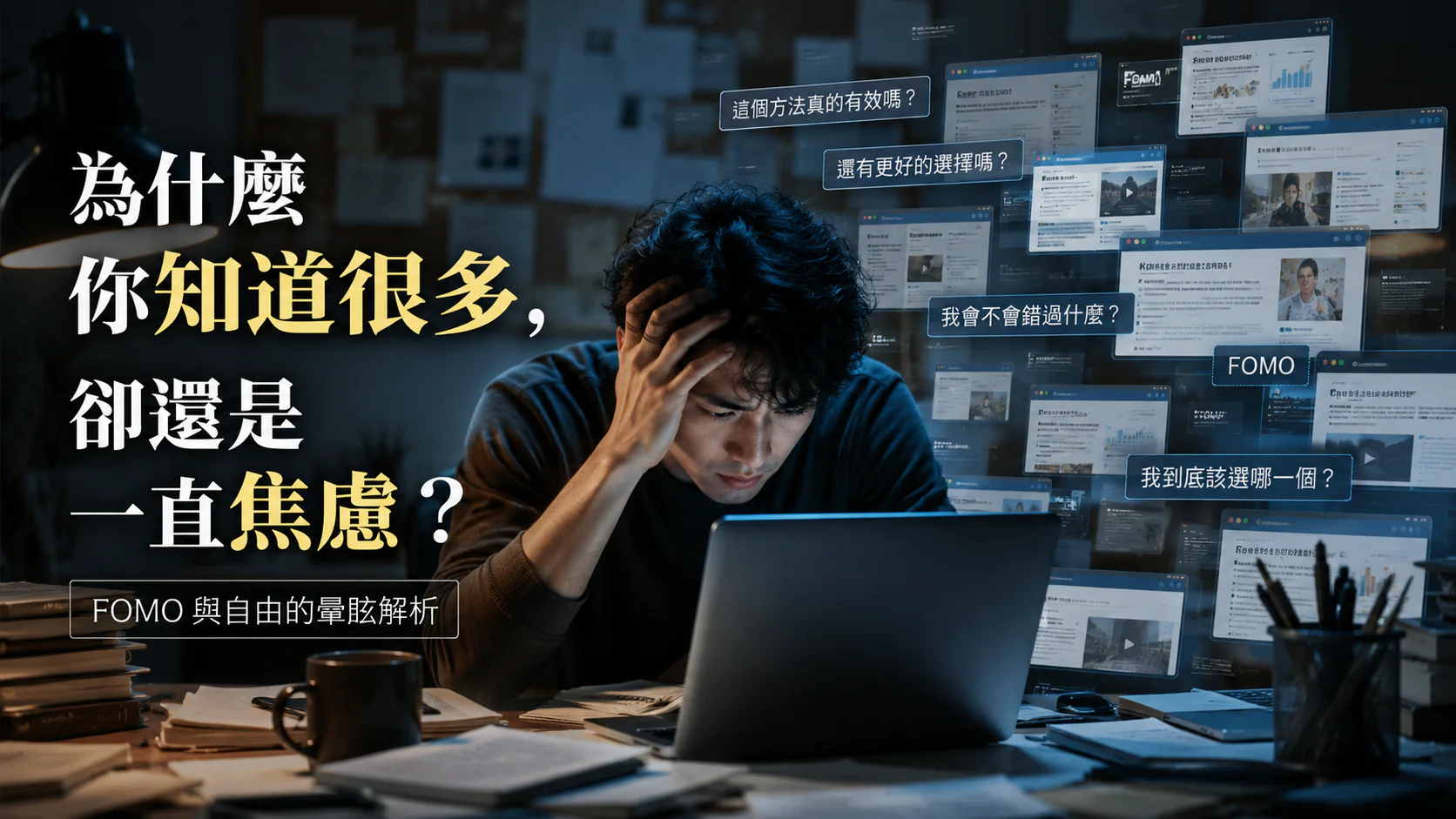 資訊焦慮與FOMO造成選擇困難的情境示意