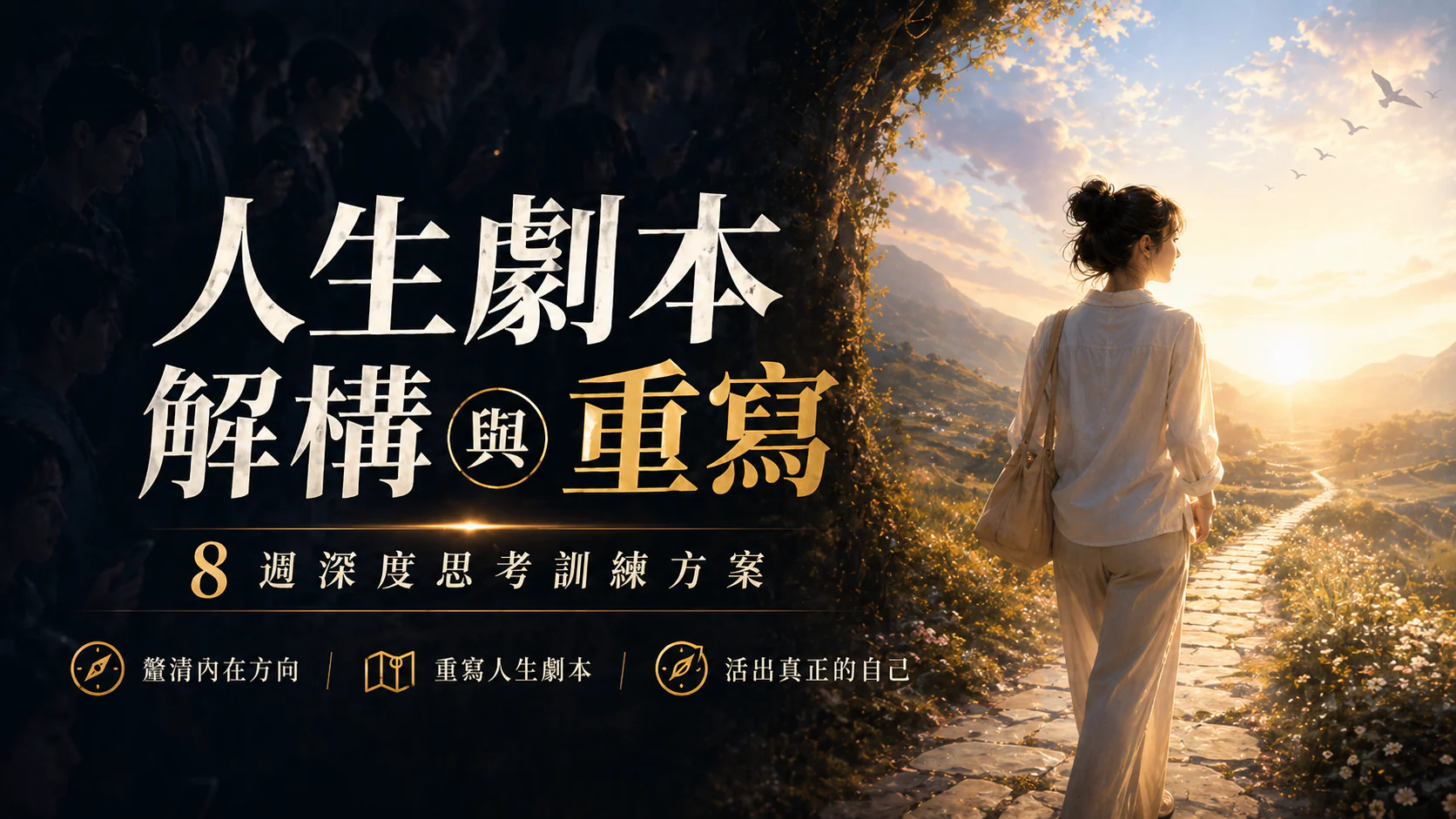 人生劇本解構與重寫的深度思考訓練方案封面,呈現一個人整理內在模式與人生選擇的過程