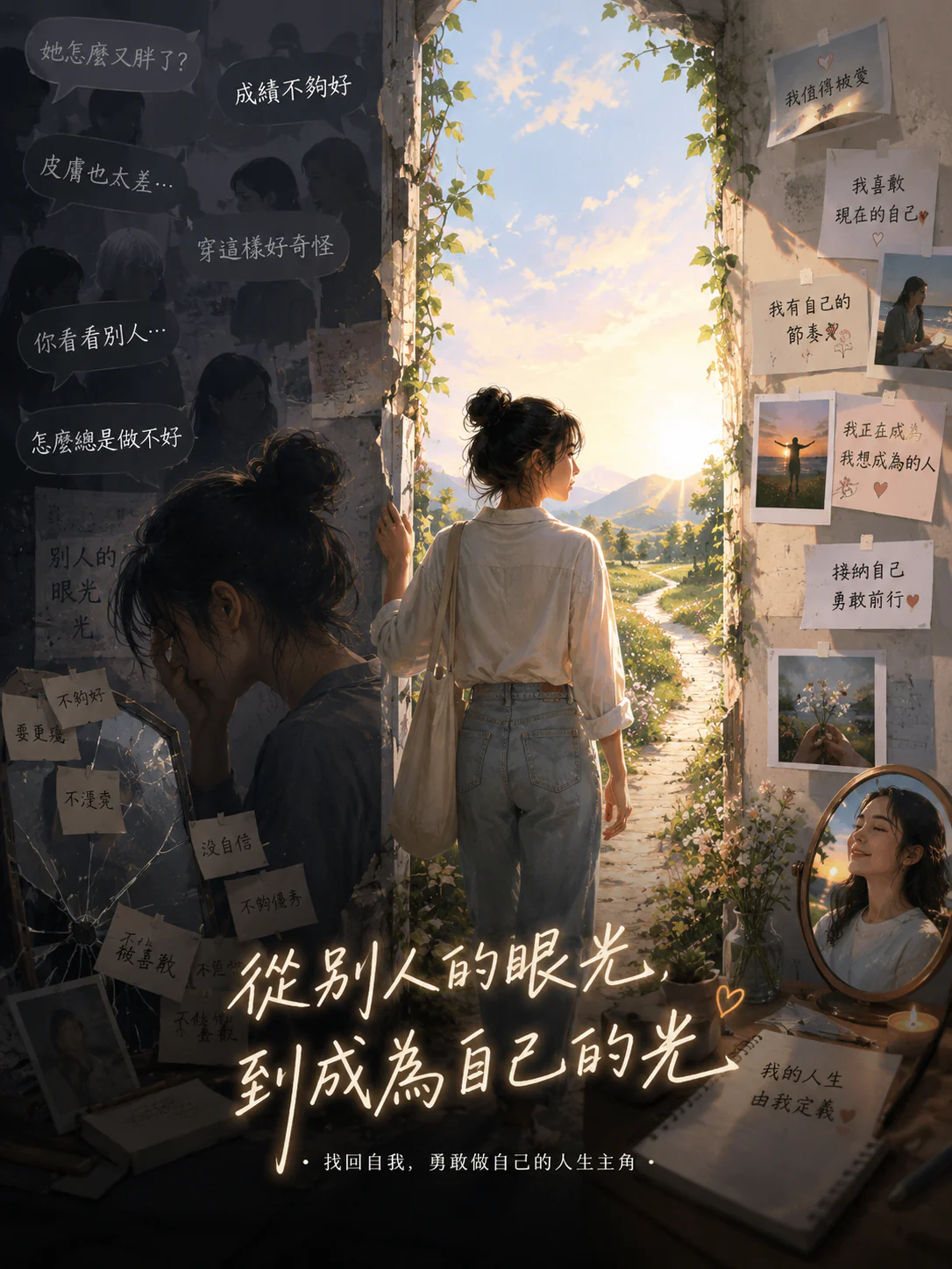 女性面對外在評價與自我懷疑後,走向重新理解自我價值與人生方向的情境圖