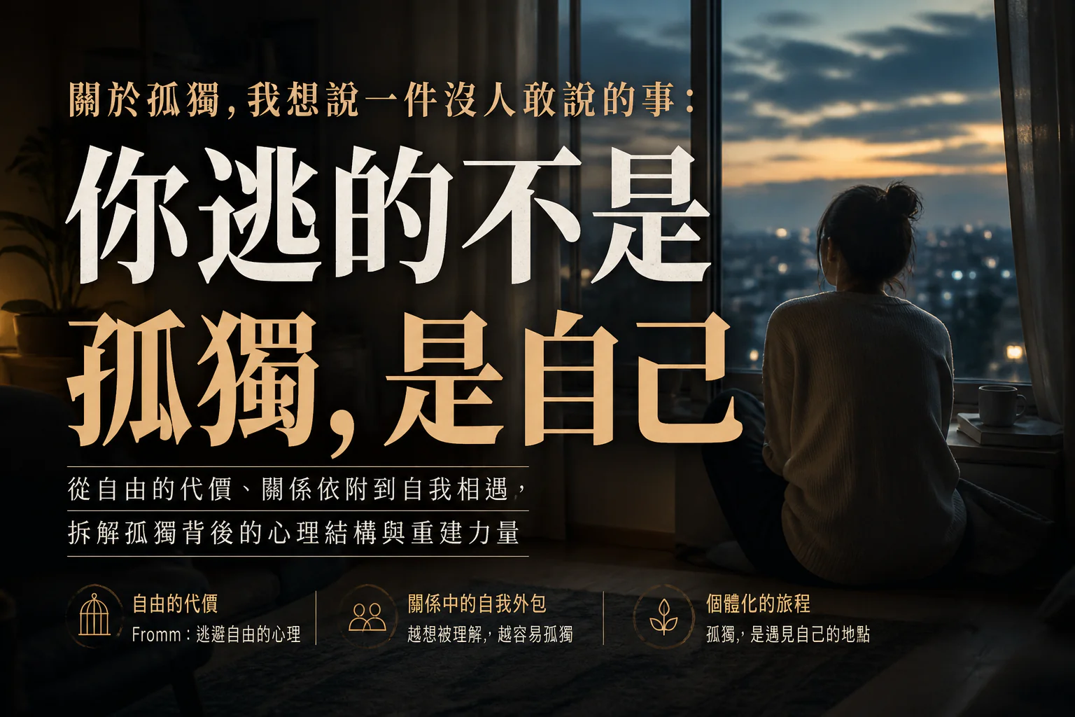 一個人在安靜房間裡面對自己的孤獨,象徵孤獨、自由與自我相遇的心理歷程