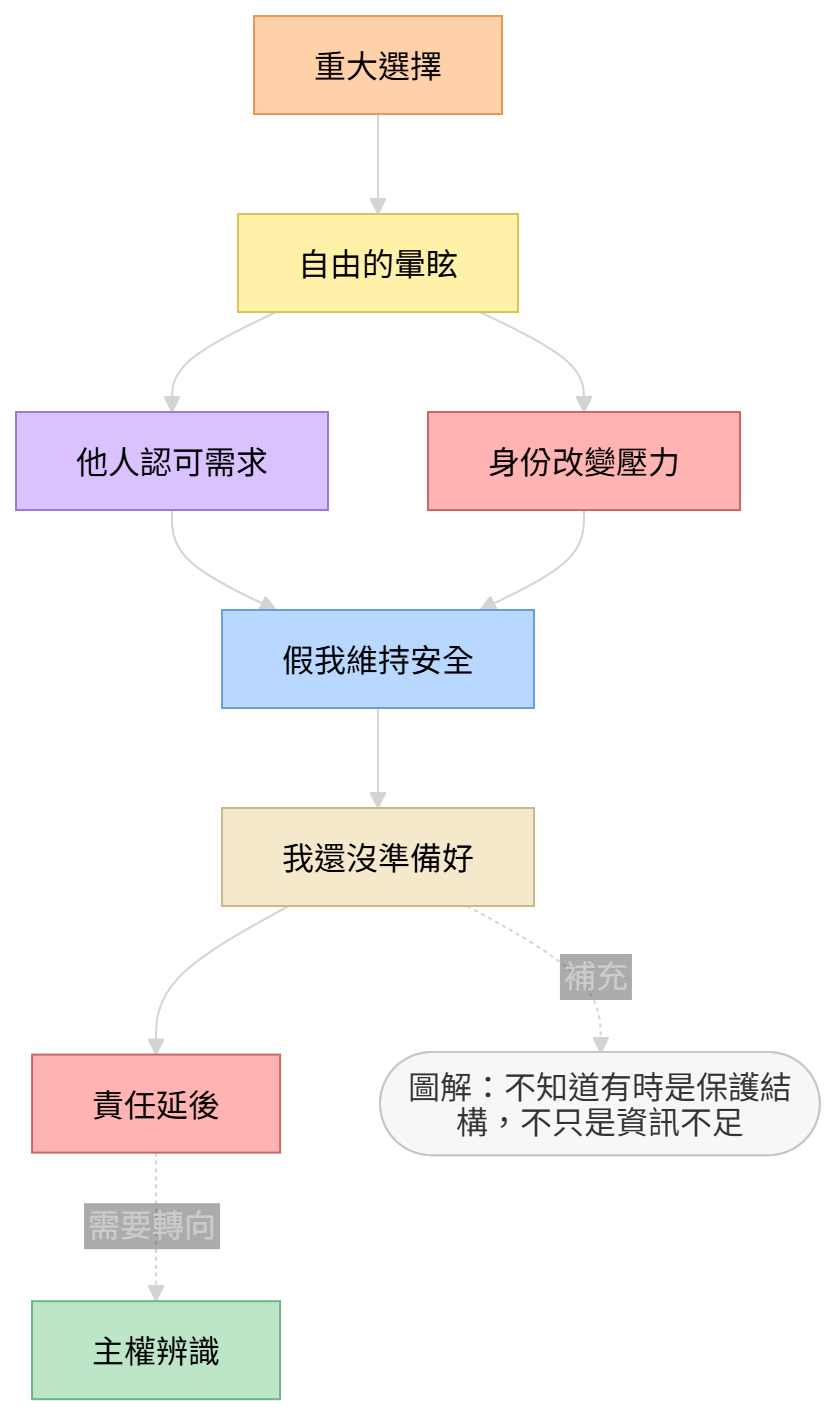 重大選擇啟動他人認可、身份壓力與責任延後的心理機制圖