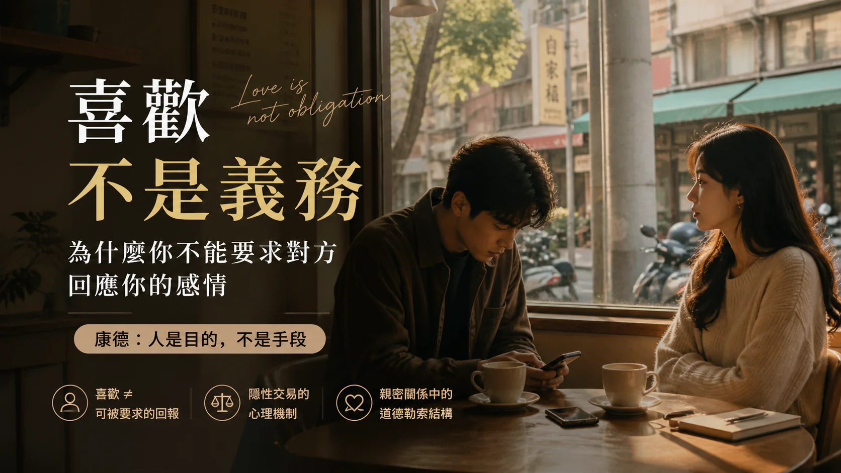 台灣咖啡廳中一對男女面對感情界線與未被回應的喜歡，呈現喜歡不是義務的親密關係情境。
