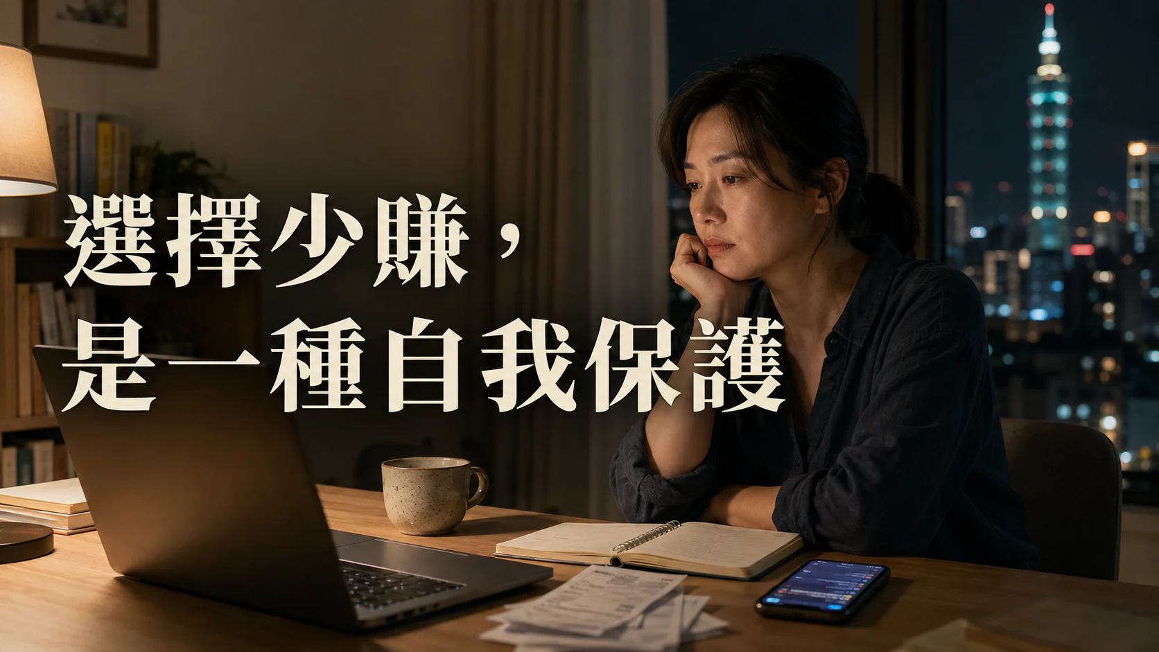 一位台灣女性深夜面對工作訊息與收入壓力，象徵選擇少賺與保護拒絕能力的內在衝突