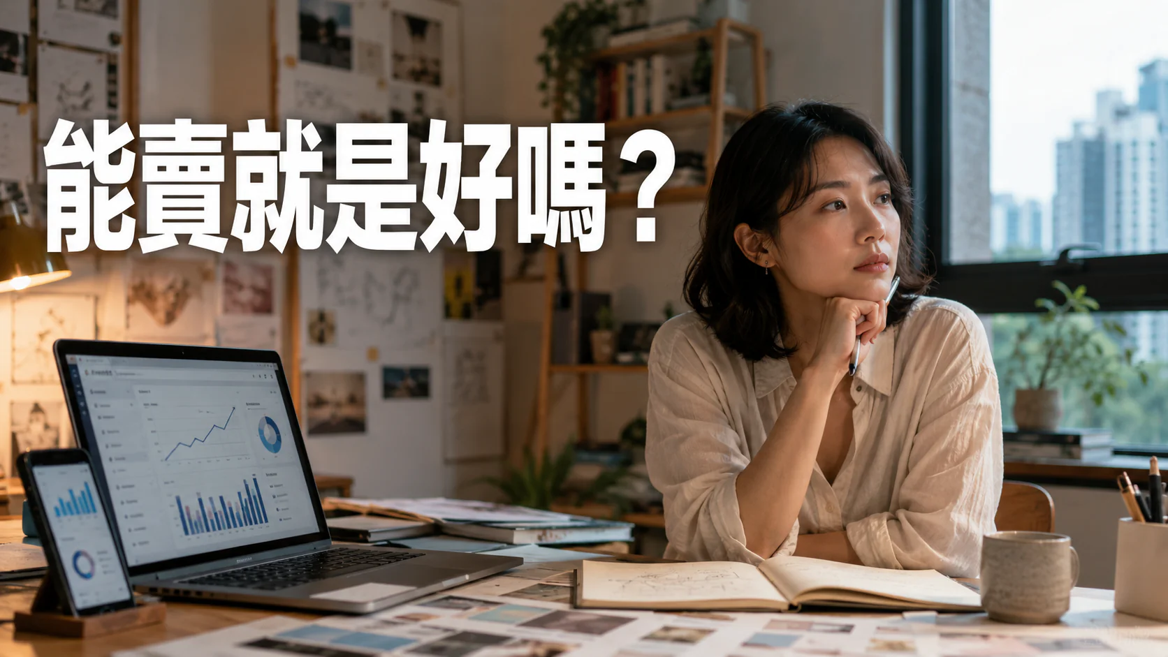 一位創作者看著銷售數字與作品草稿,呈現市場買單與自我價值拉扯的心理狀態