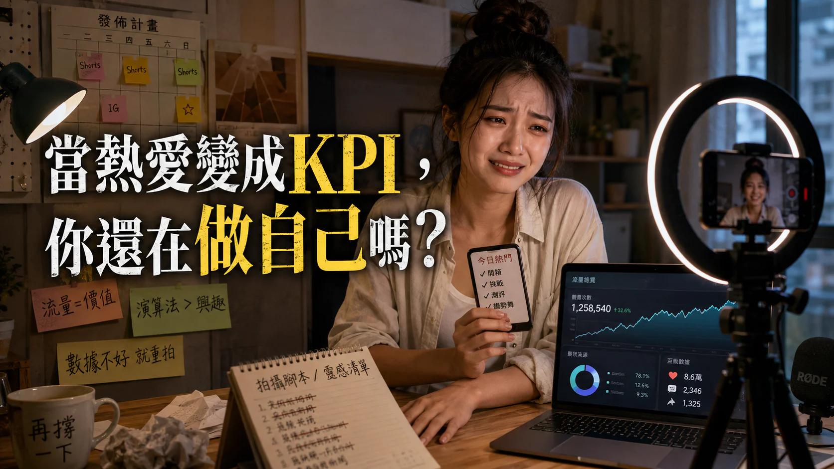 一位創作者在電腦前查看數據報表,表情疲憊,象徵熱愛被 KPI 接管後的自我異化