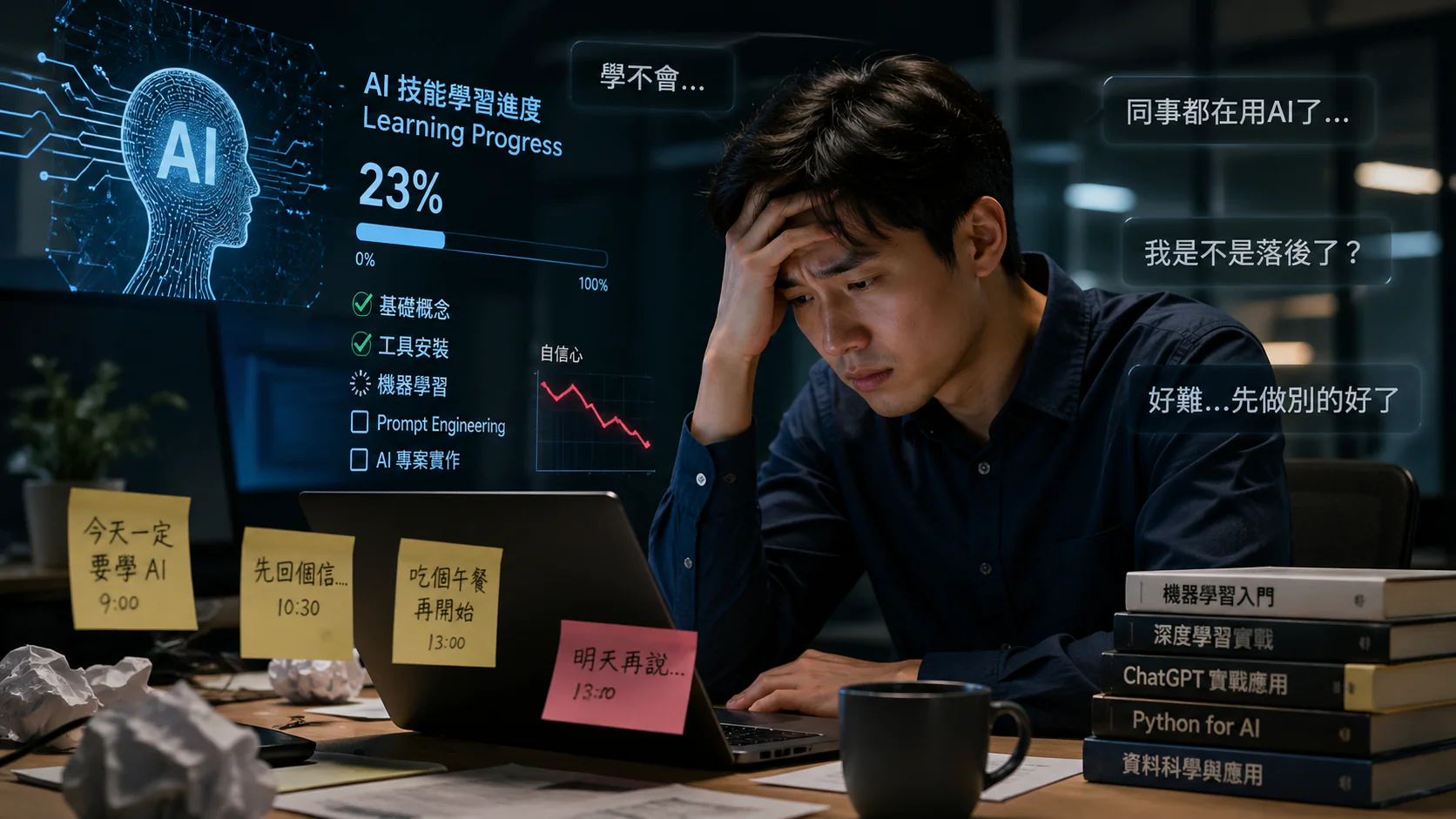 一個人在AI與效率符號中停下思考,象徵拖延與哲學對話的轉折