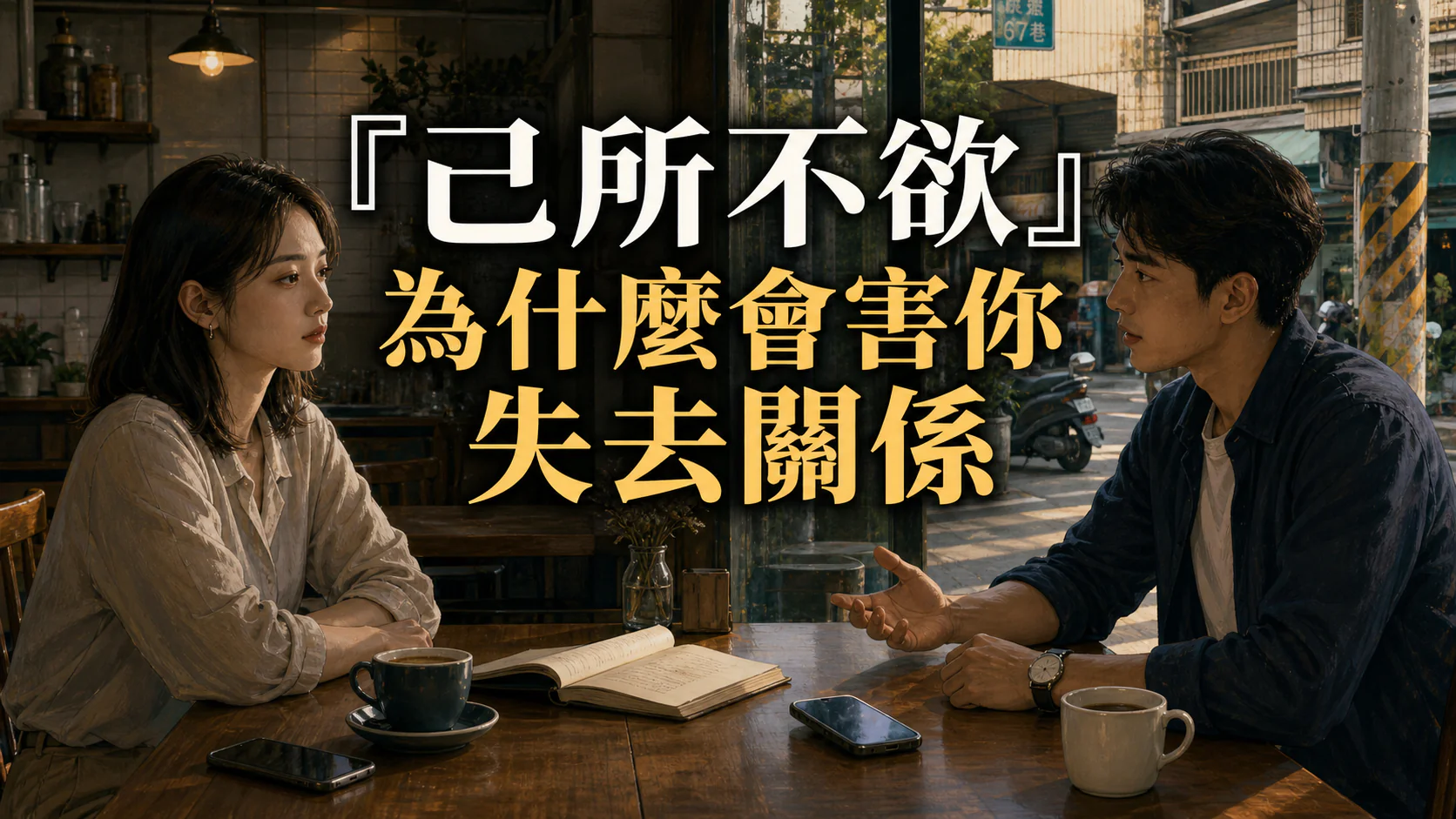 台灣日常咖啡廳中一對伴侶面對關係界線與誤解，呈現己所不欲與投射造成的親密關係失準