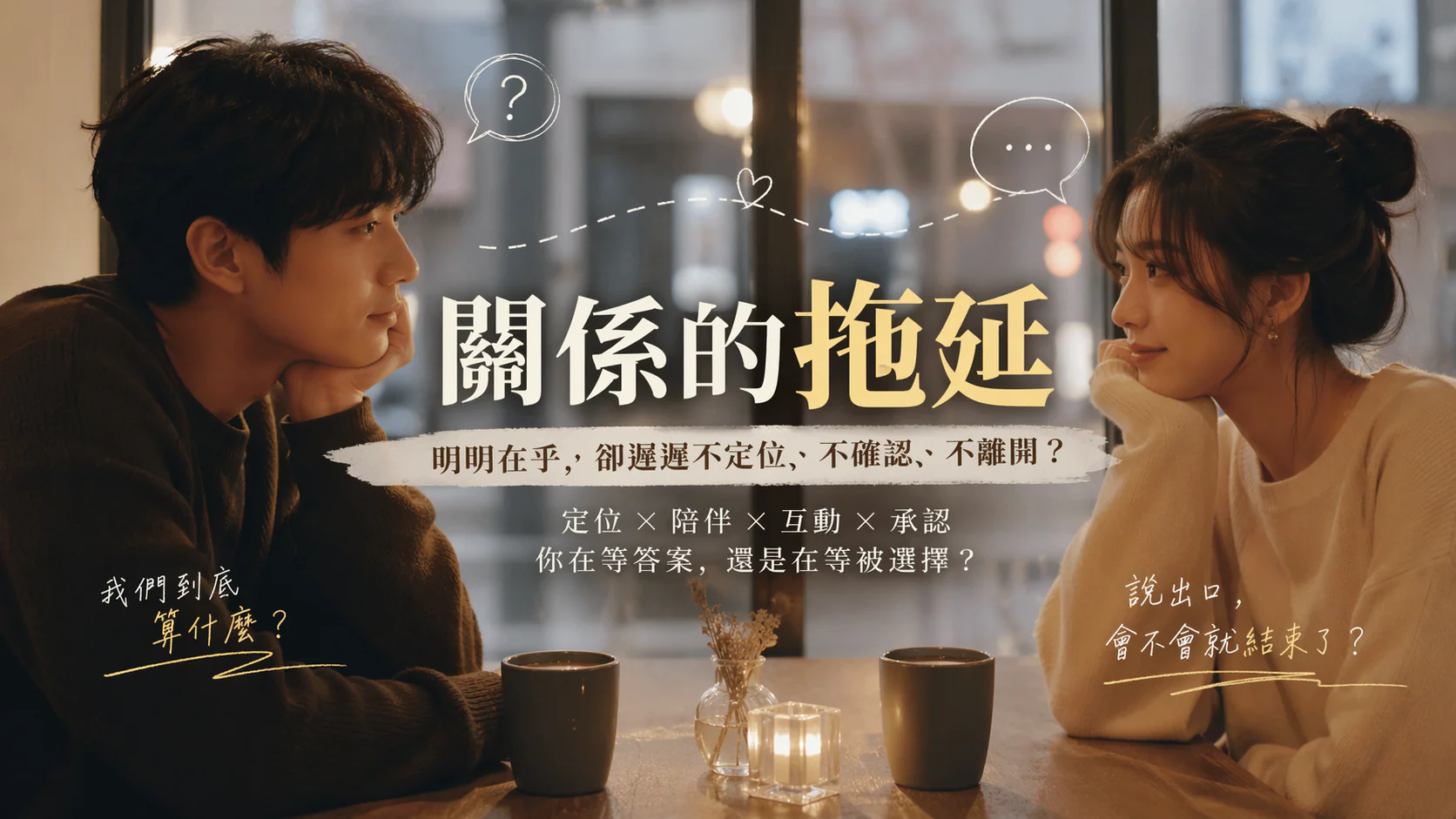 一段關係中兩人靠近卻沒有明確定位，象徵關係拖延與情緒內耗
