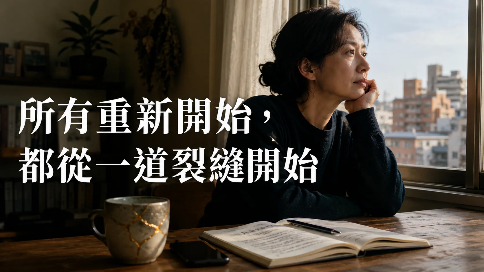 一位中年女性坐在窗邊，桌上有金繼修復的裂痕杯子，象徵重新開始與人生裂縫