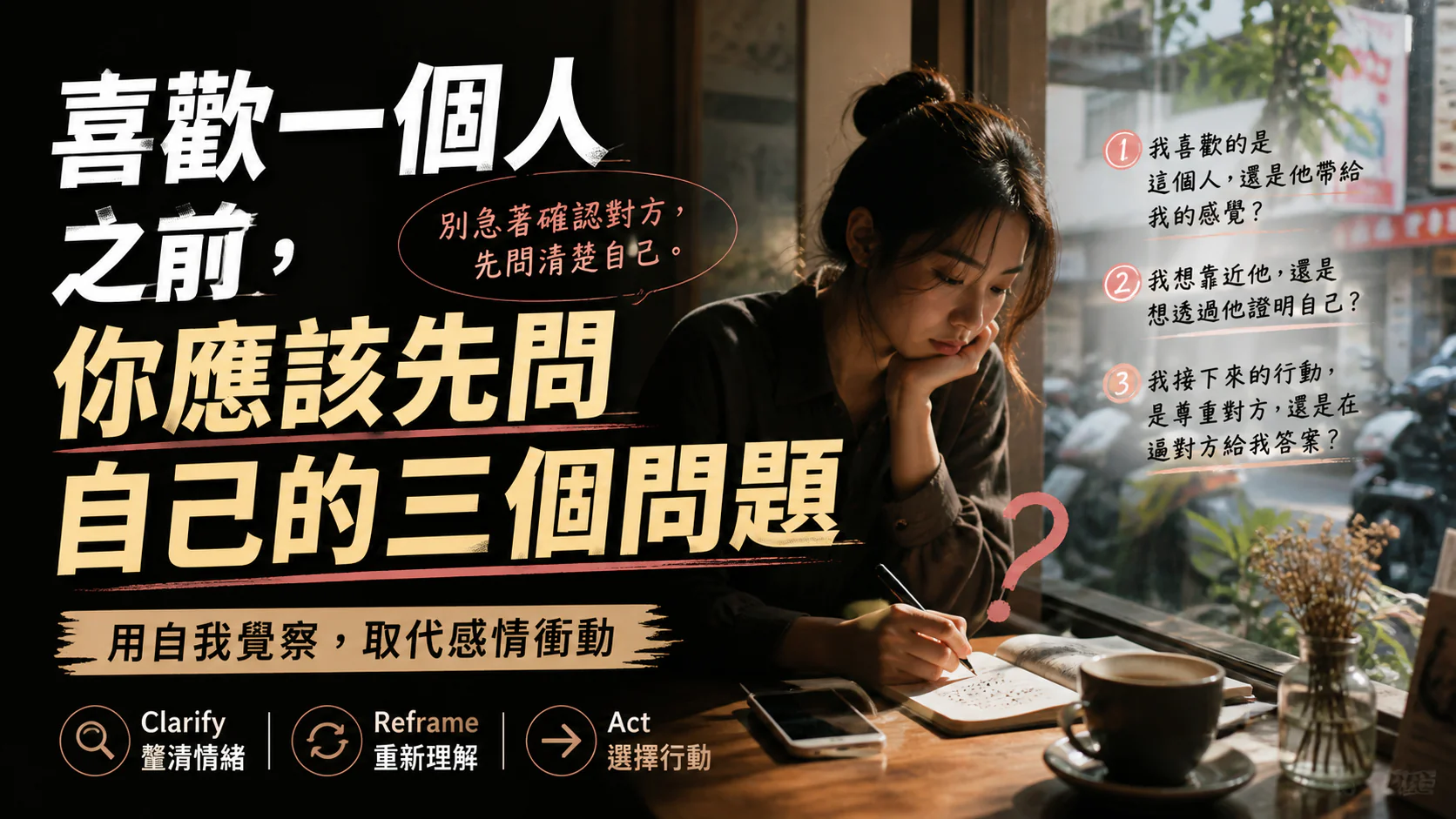 台灣咖啡廳中一個人看著手機思考感情訊息，象徵喜歡一個人之前的自我覺察與提問