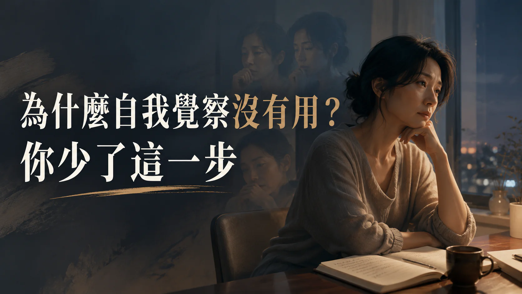 一位女性夜晚坐在書桌前反覆思考，身後有重疊倒影，象徵自我覺察變成反芻與第二支箭