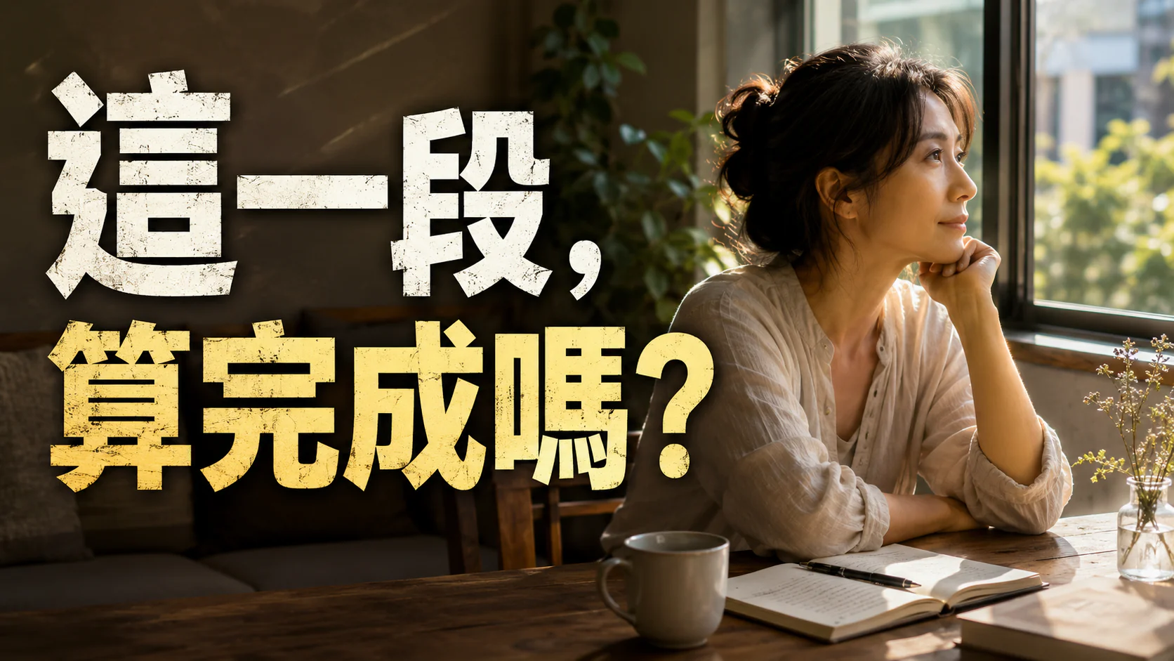 女性在結束一段辛苦歷程後安靜放鬆,象徵自我覺察、拖延結束與身份重新定位