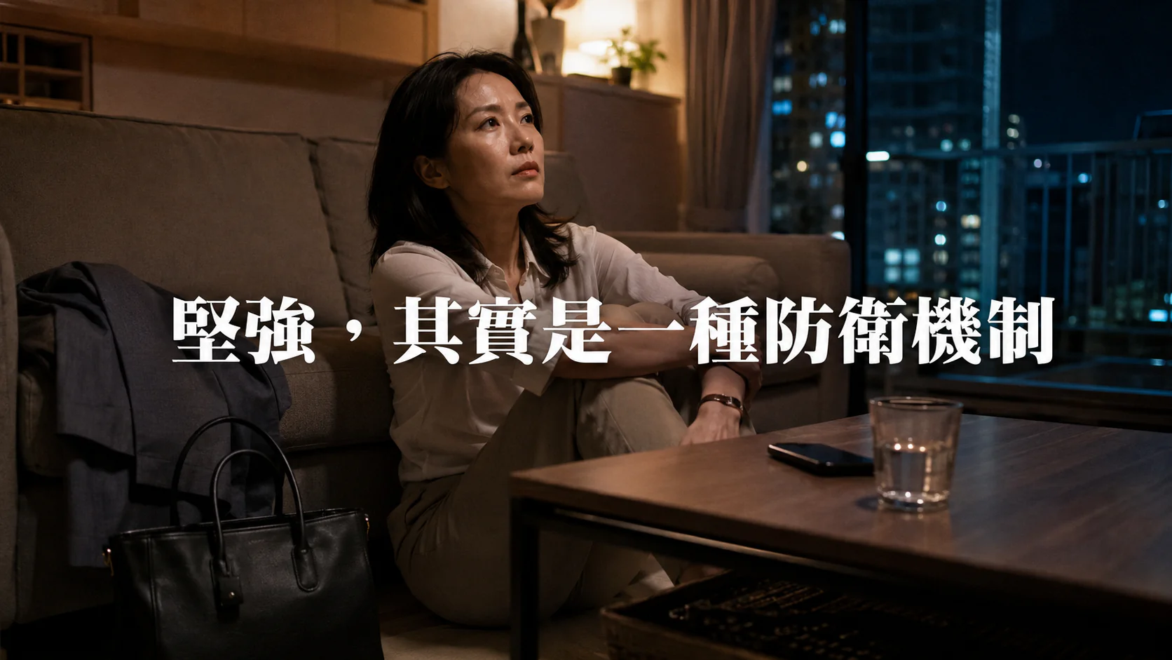 一名台灣女性夜晚獨坐客廳，表情平靜但疲憊，象徵堅強作為防衛機制的心理狀態