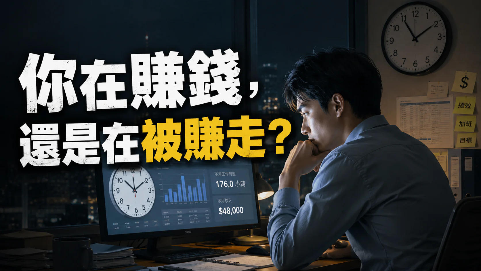 一位上班族在深夜看著工作時鐘與薪資數字,象徵時間商品化與存在價值焦慮