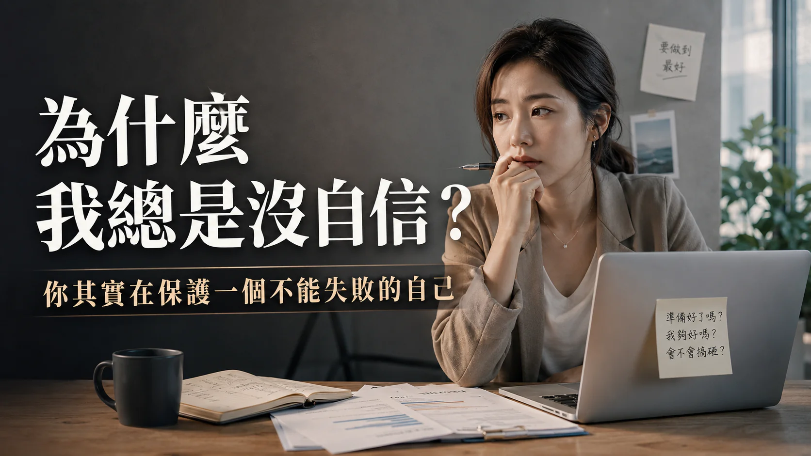 一位女性坐在桌前面對筆電與文件，呈現沒自信背後對失敗與被評價的恐懼