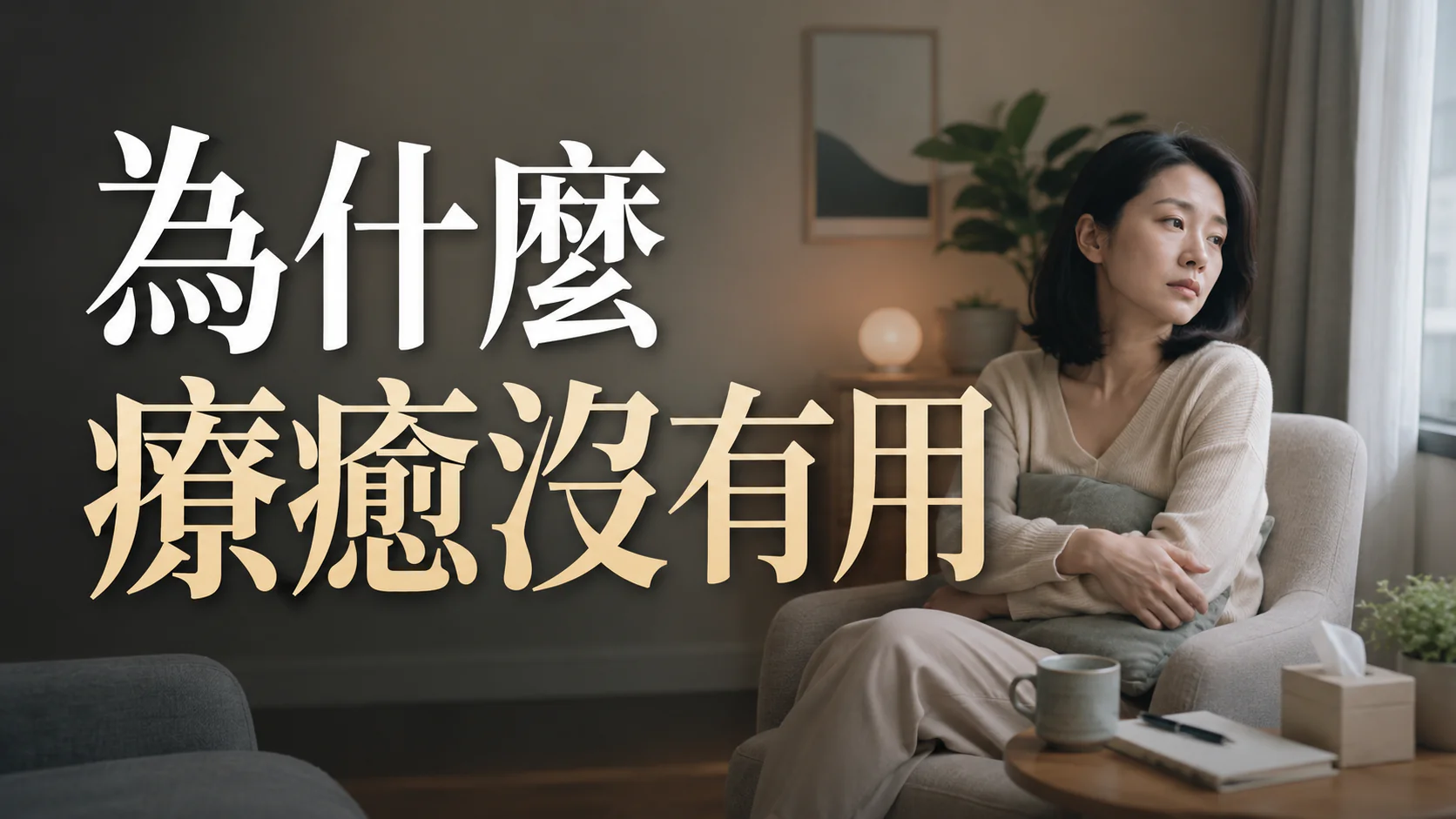 一名女性在療癒活動後仍感到困惑,象徵療癒失效與內在結構未改變