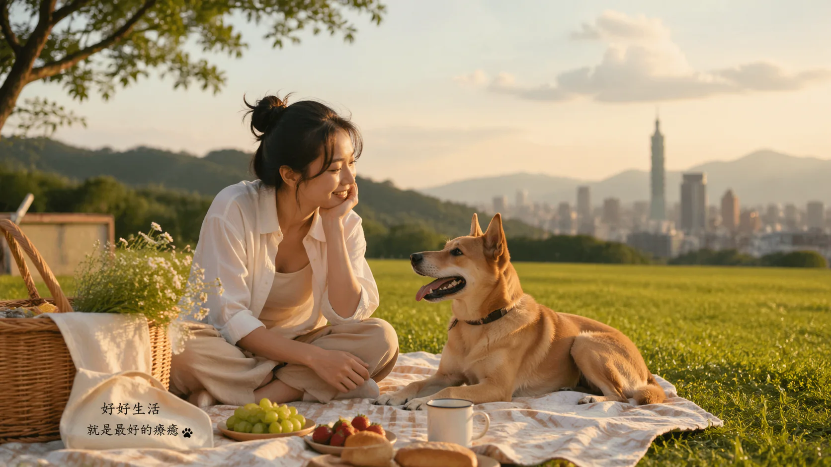女性與台灣土狗在草地野餐的療癒場景，象徵放鬆、平靜與情緒釋放