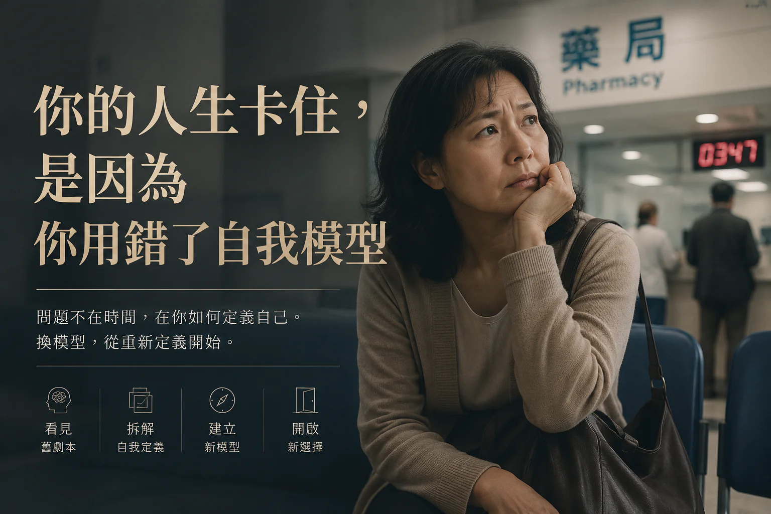一個人在人生壓力與家庭責任中停住,象徵人生卡住與錯誤自我模型的關係